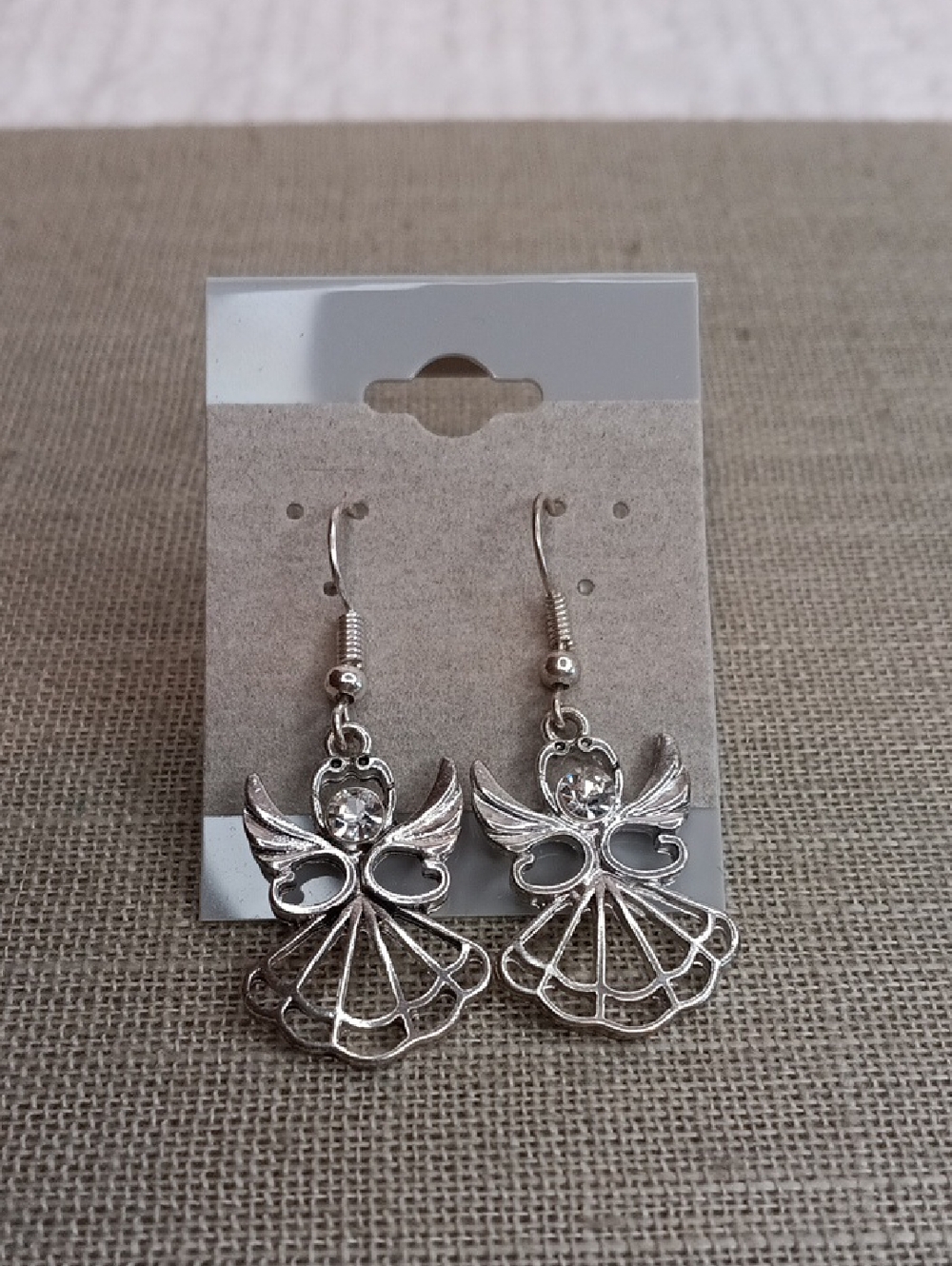 Silver Tone Angel Dangle Pierced Earrings with Crystal Accent